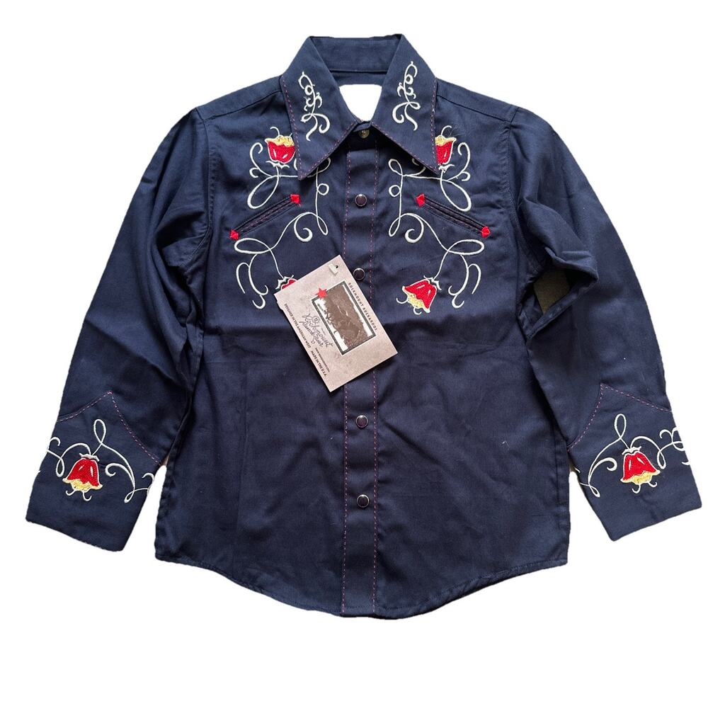 Kid's Rockmount Navy Art Deco Floral Embroidered Western Shirt NWT Medium Cowboy